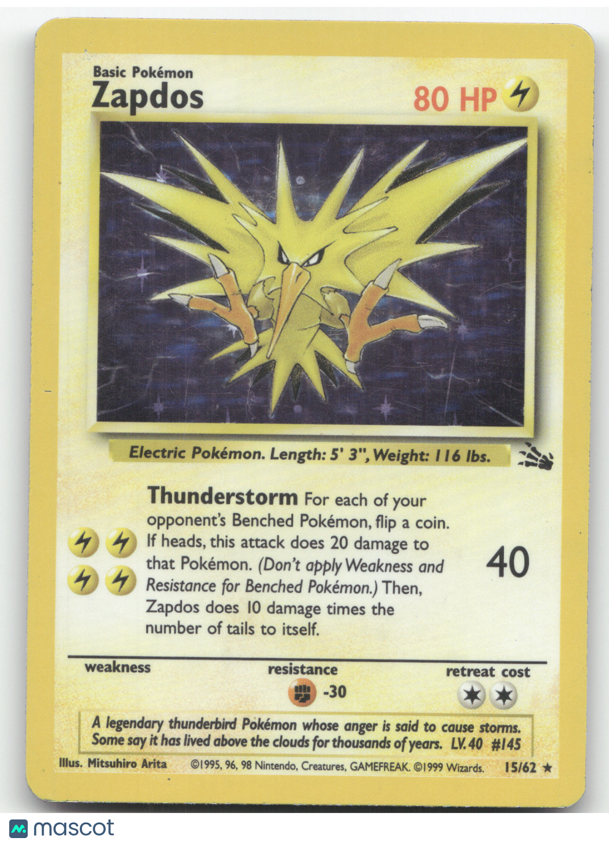 1999 Fossil Zapdos Holo Rare #15/62