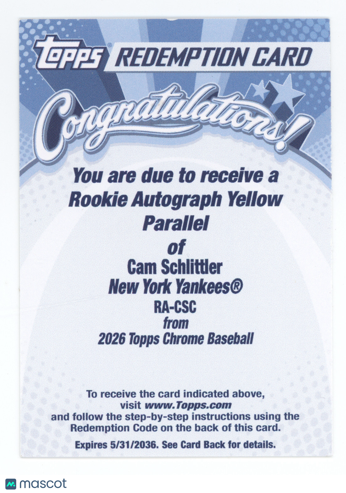 2026 Topps Chrome Autograph Cam Schlittler Redemption #RA-CSC Yellow