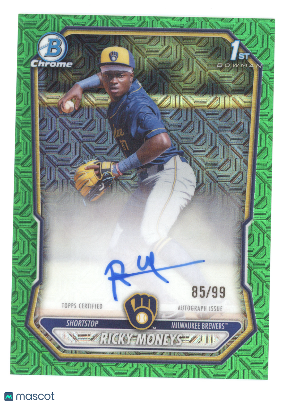 2026 Bowman Chrome Prospect Autograph Ricky Moneys #CPA-RM Green Mojo Ref. 85/99