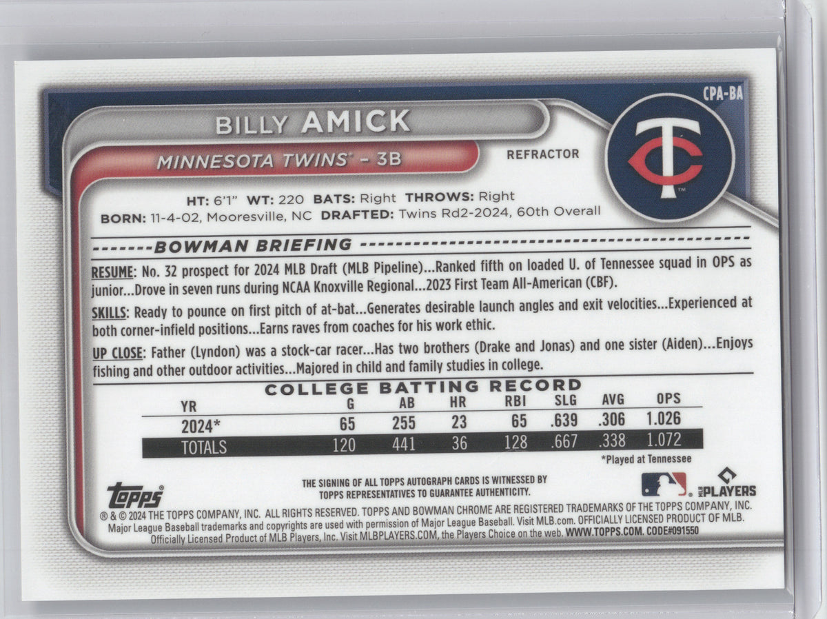 2024 Bowman Chrome Prospect Autograph Billy Amick #CPA-BA Refractor 198/499