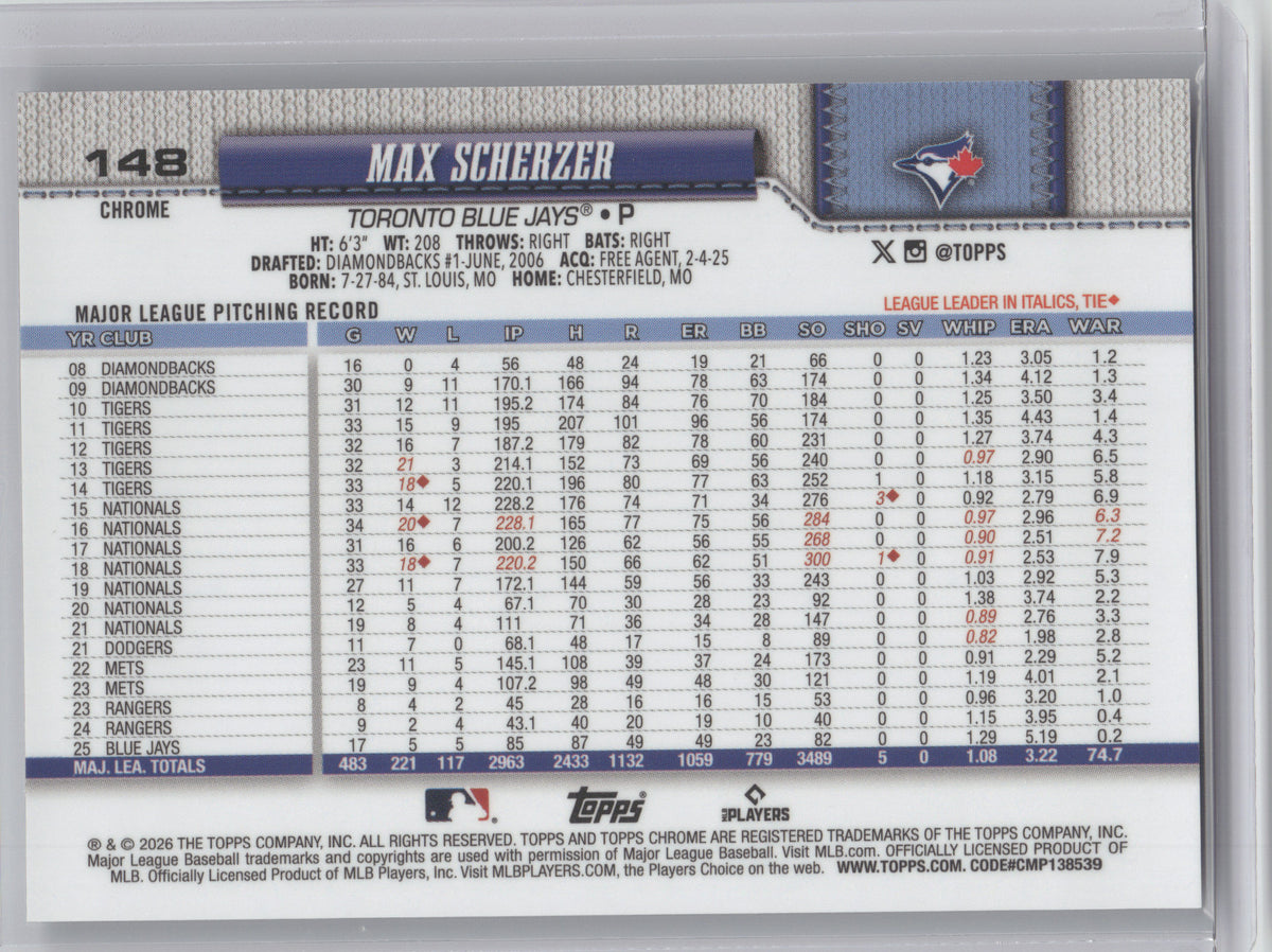 2026 Topps Chrome Max Scherzer #148 White Refractor 28/30