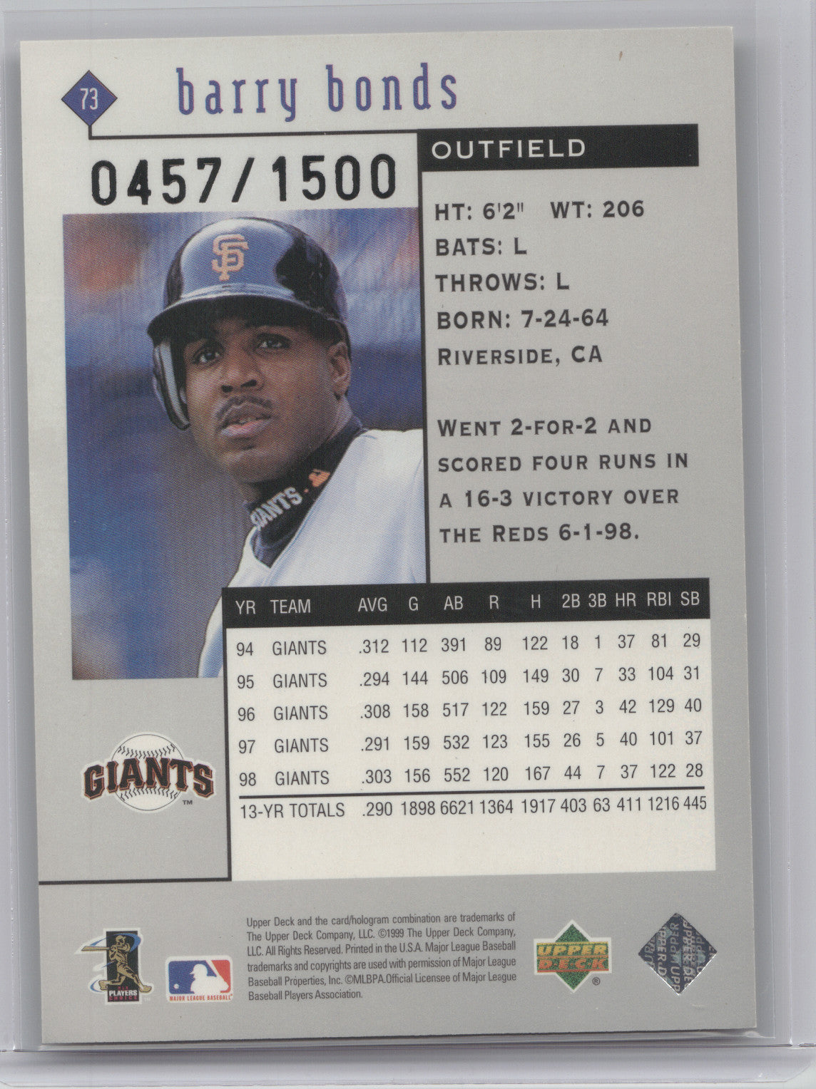 1999 Upper Deck Black Diamond Barry Bonds #73 Double 0457/1500