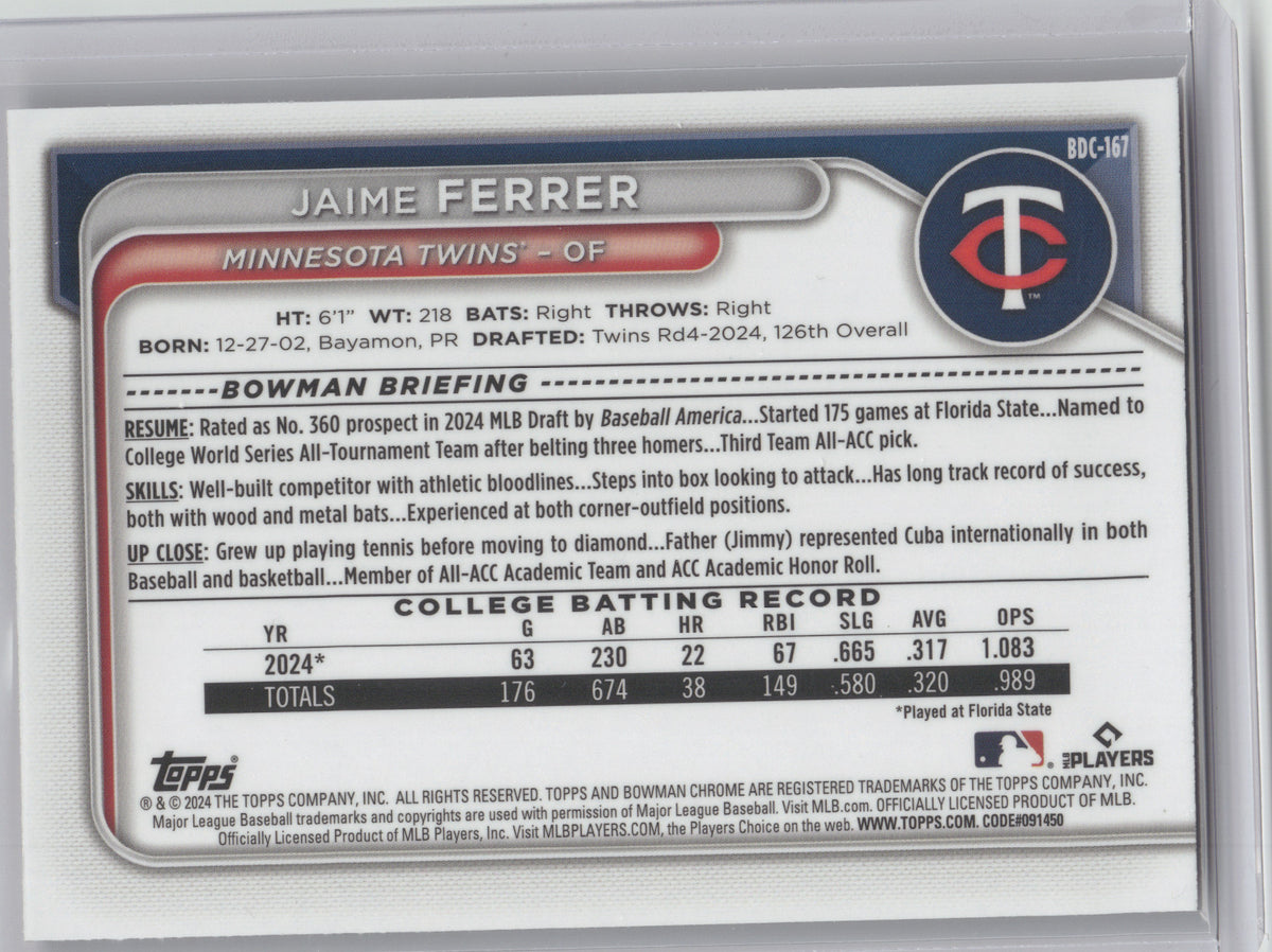 2024 Bowman Chrome Draft Jaime Ferrer #BDC-167 Bubble Gum