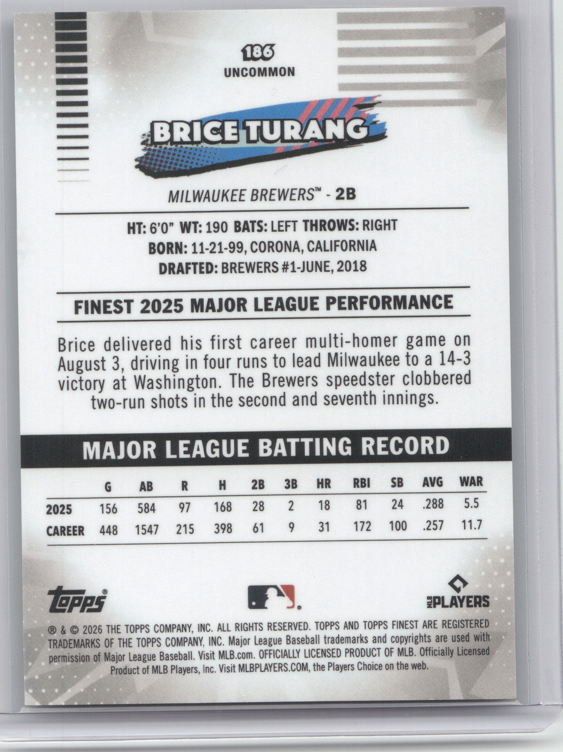 2026 Topps Finest Brice Turang #186 Green 61/99