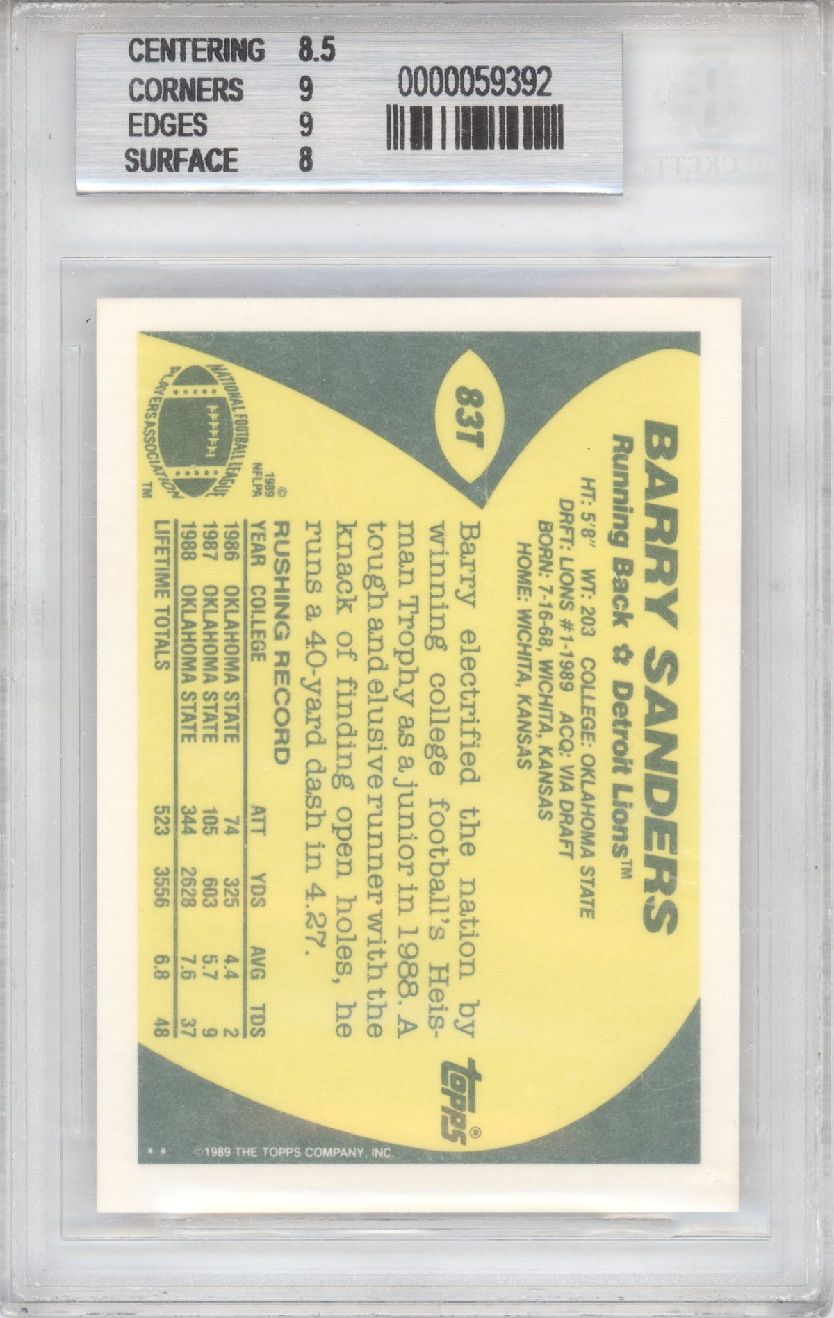 1989 Topps Traded Barry Sanders #83T RC BGS 8.5