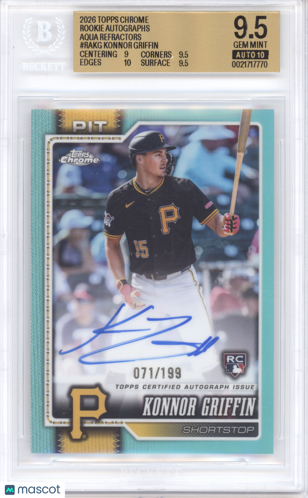 2026 Topps Chrome Rookie Autographs Konnor Griffin  Aqua 071/199 BGS 9.5 Auto 10