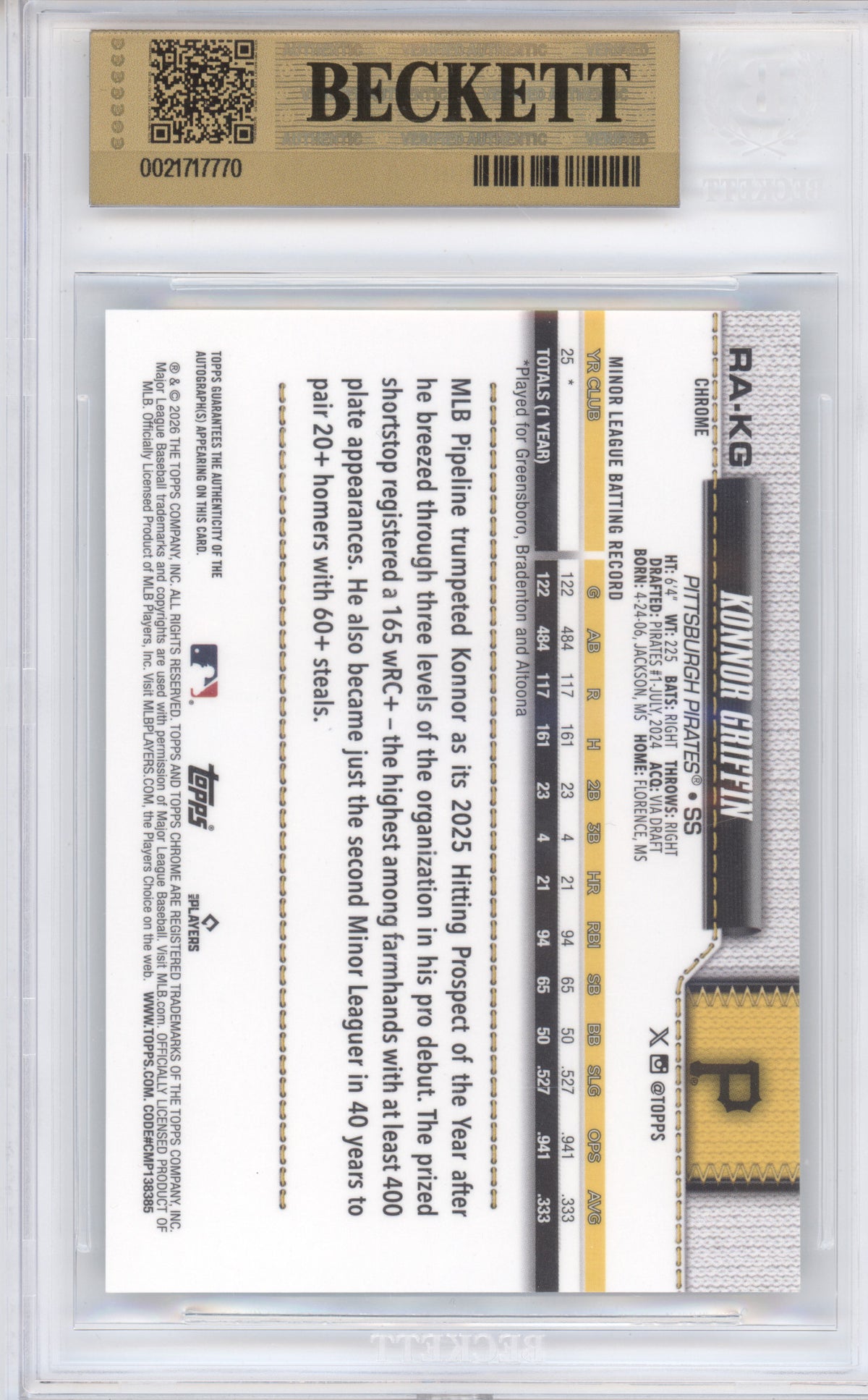 2026 Topps Chrome Rookie Autographs Konnor Griffin  Aqua 071/199 BGS 9.5 Auto 10