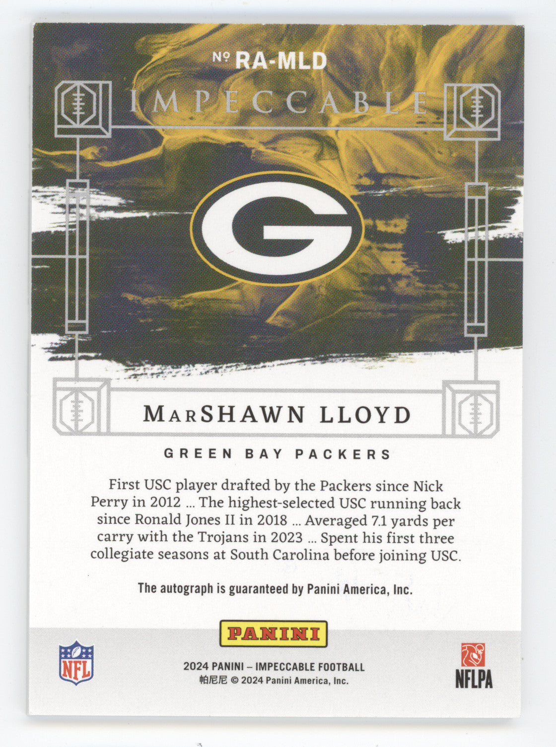 2024 Panini Impeccable Rookie Autograph MarShawn Lloyd #RA-MLD Bronze 19/35 RC