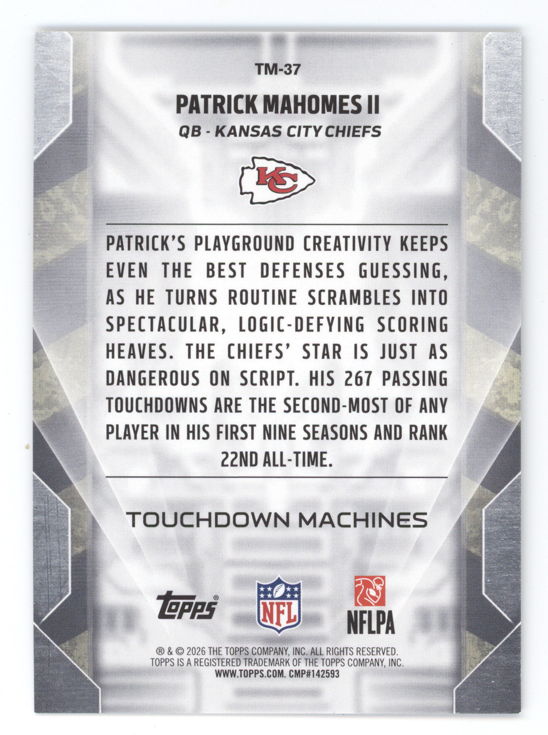 2026 Topps Touchdown Machines Patrick Mahomes II #TM-37 Orange 20/25