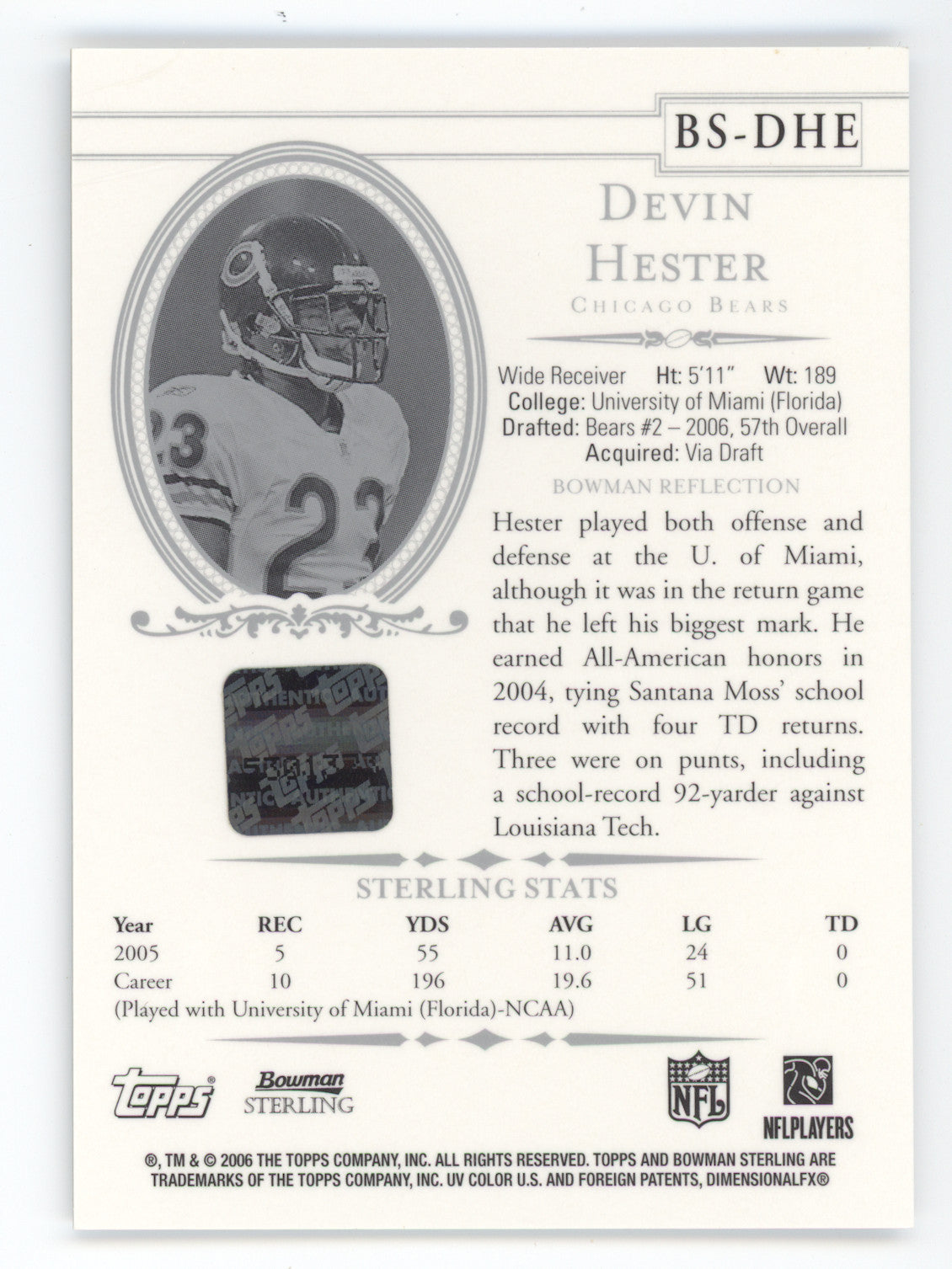 2006 Bowman Sterling Rookie Autograph Devin Hester #BS-DHE