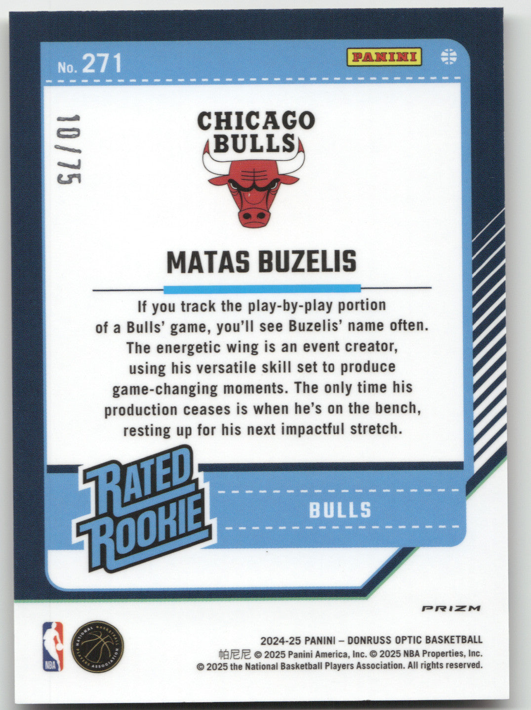 2024 Donruss Optic Matas Buzelis #271 Electricity International 10/75