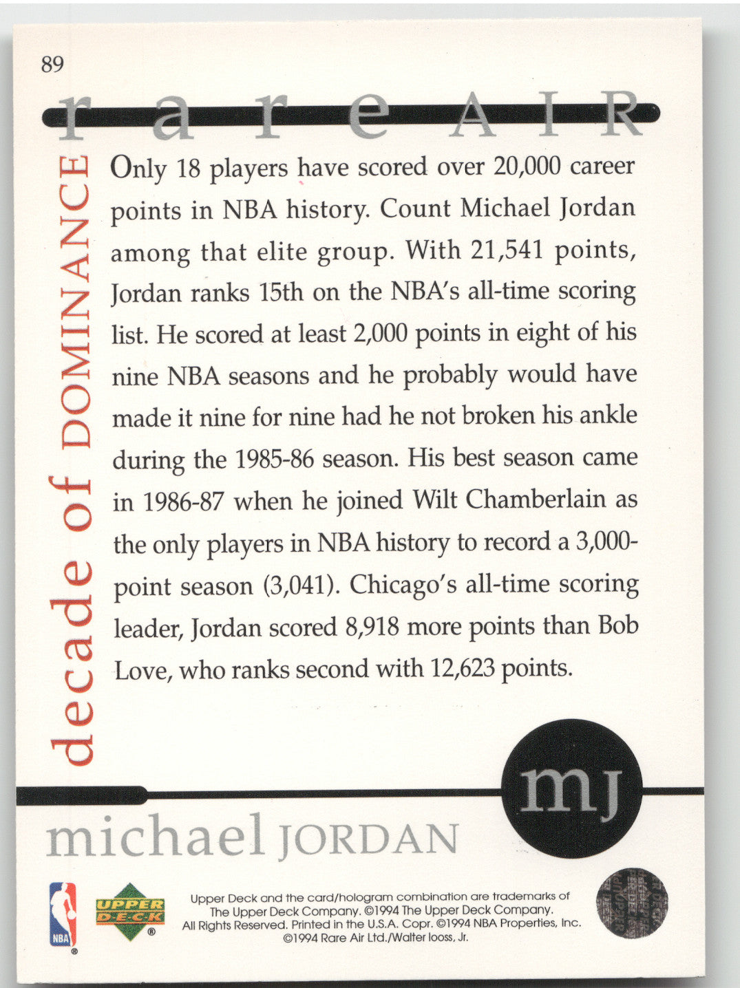 1994 Upper Deck Rare Air Michael Jordan #89