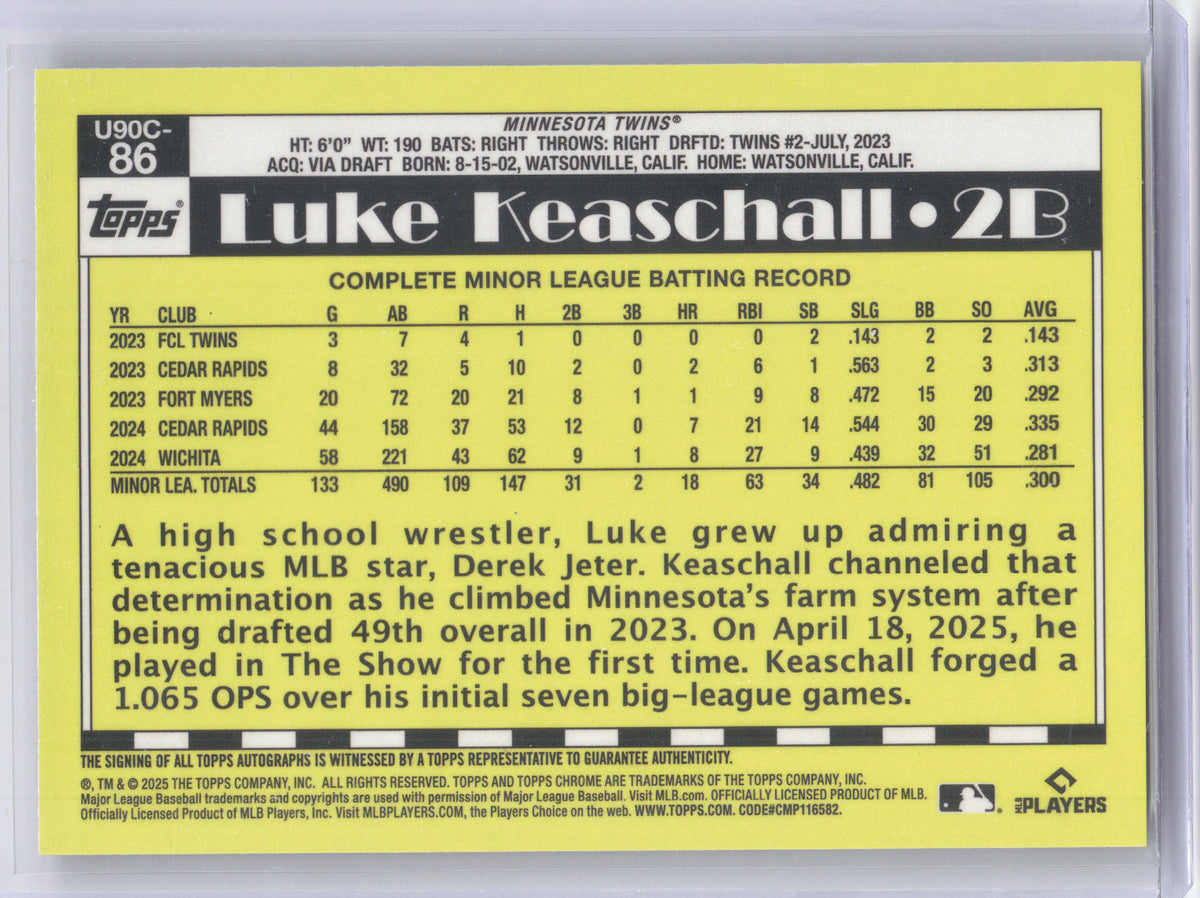2025 Topps Chrome 1990 Autograph Luke Keaschall #U90C-86 Purple Mojo 065/299 RC