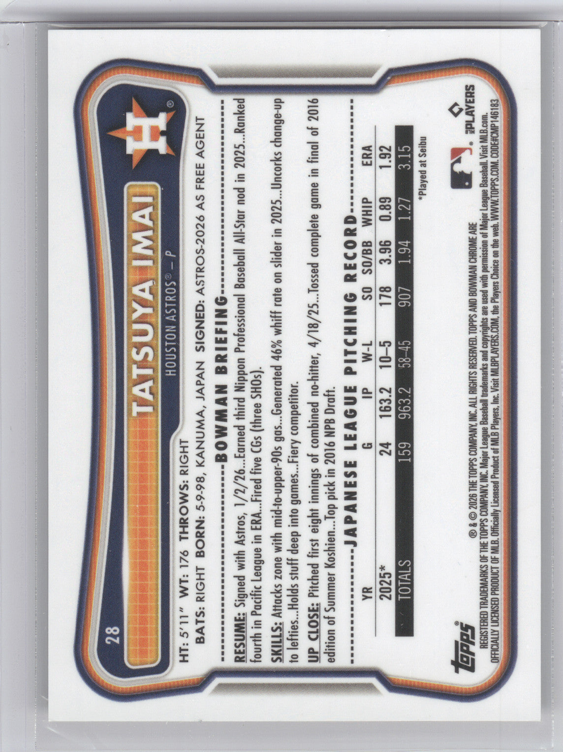 2026 Bowman Chrome Tatsuya Imai #28 Gold Geometric RC 41/50
