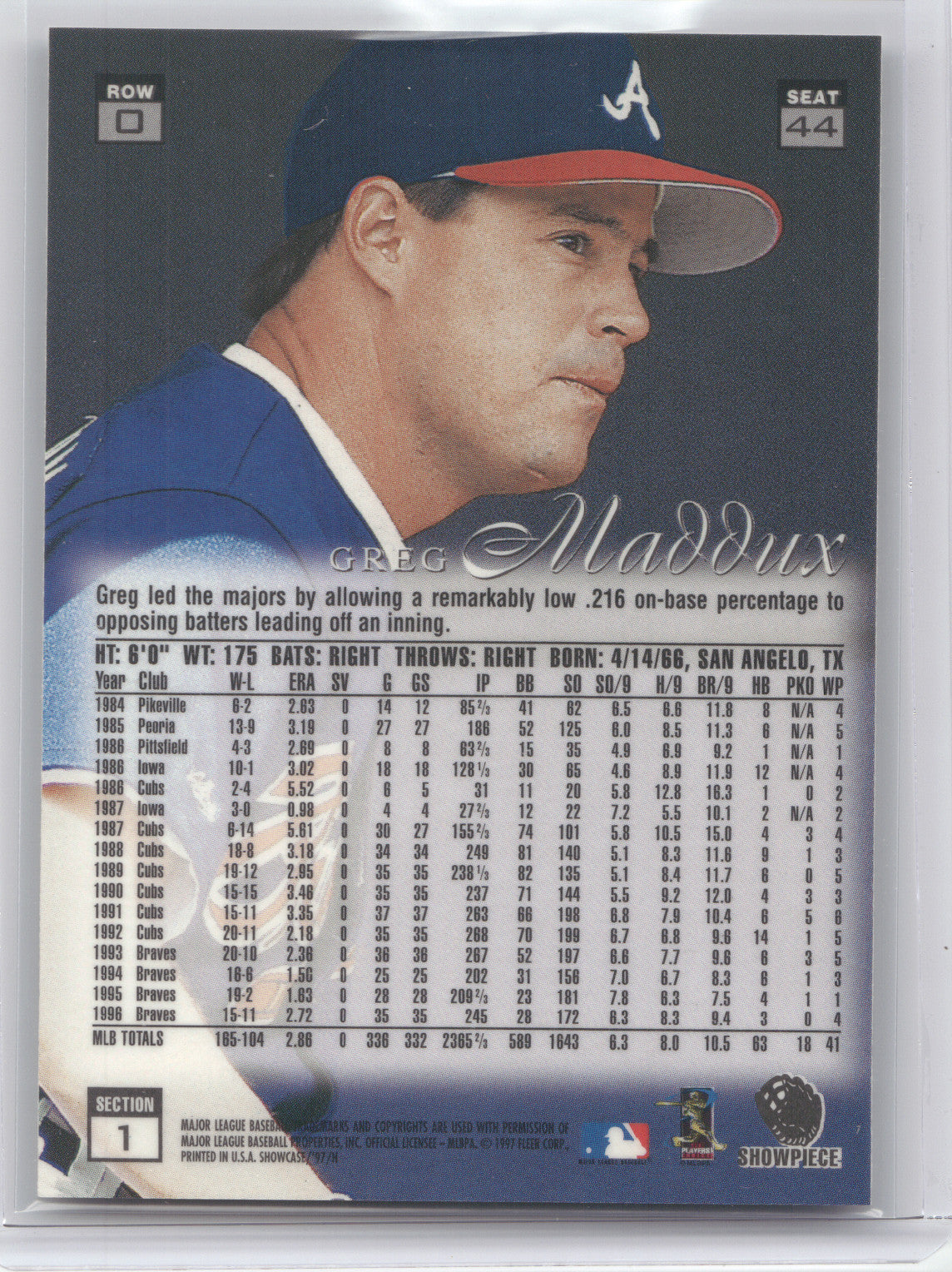1997 Flair Showcase Greg Maddux #44 Row 0