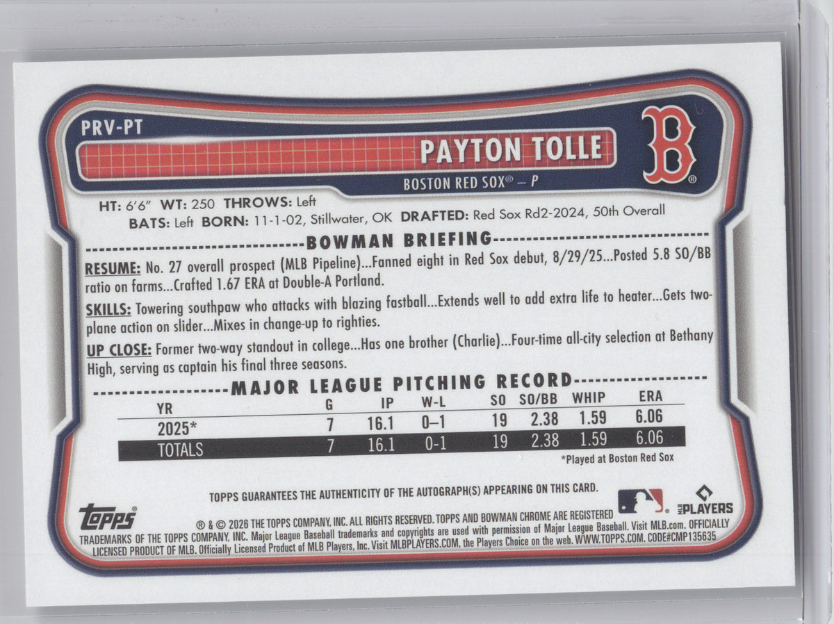 2026 Bowman Rookie Autograph Payton Tolle #PRV-PT RC