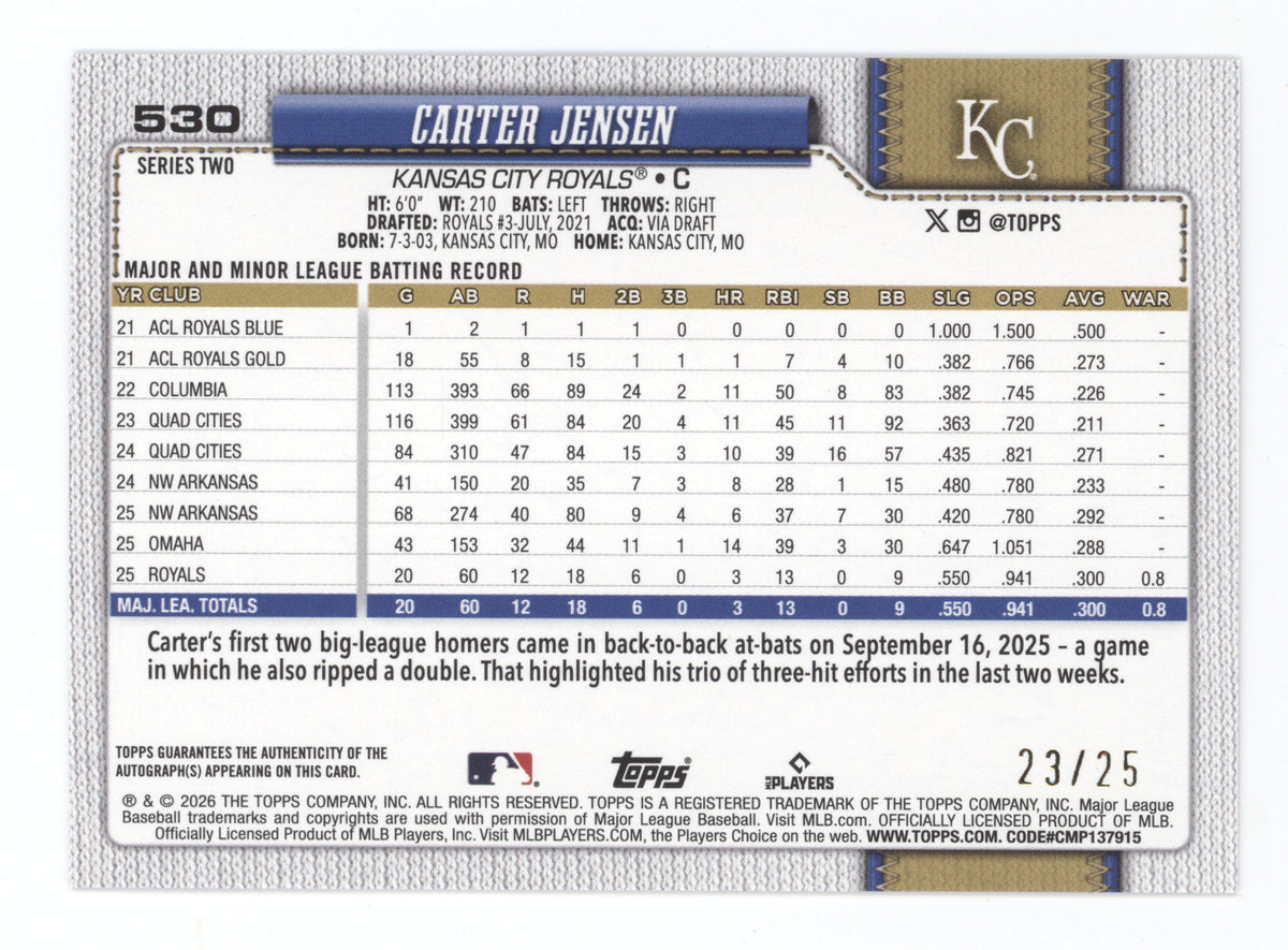 2026 Topps Series Two Carter Jensen #530 Autograph Orange 23/25 RC