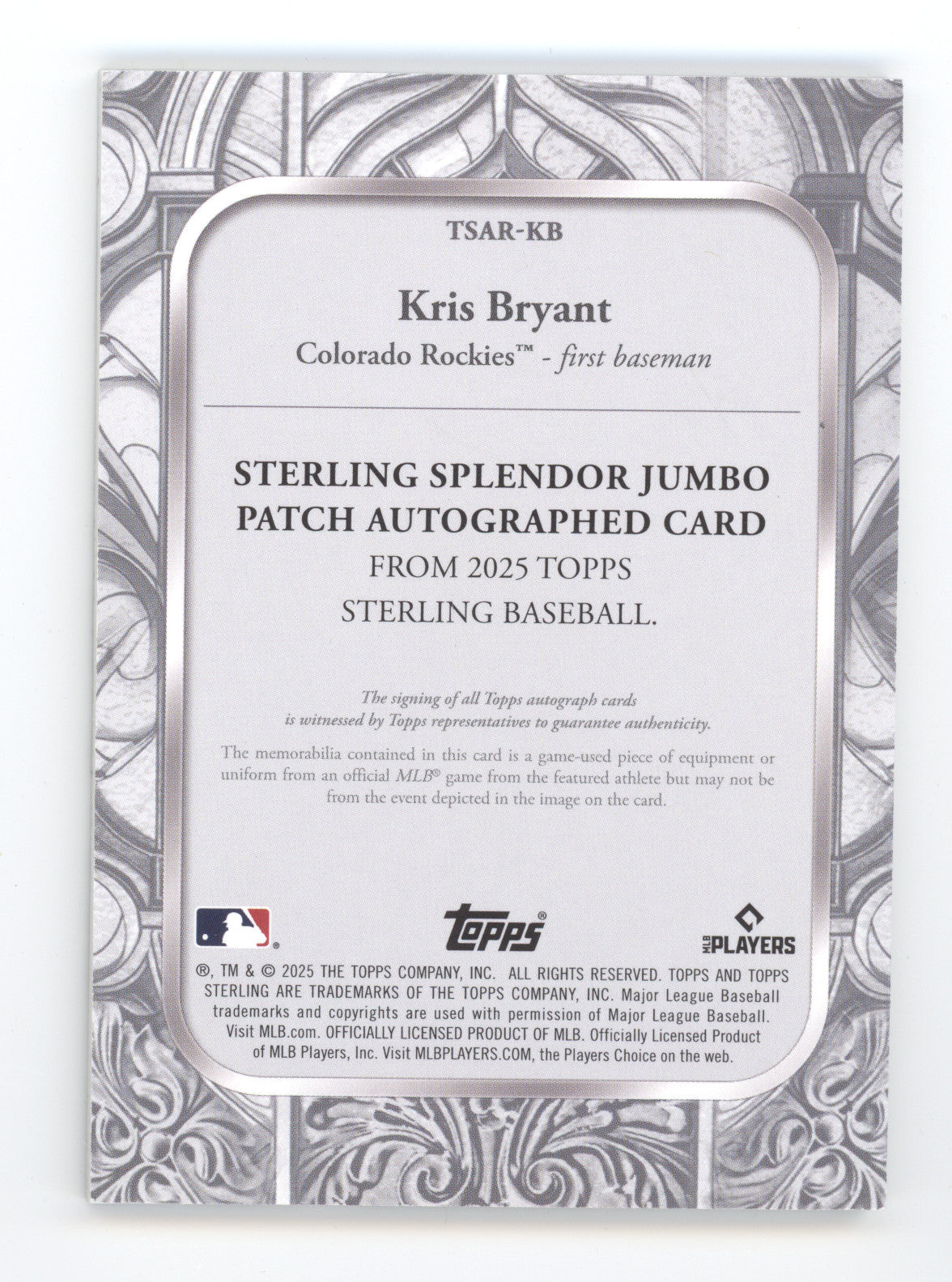 2025 Topps Sterling Jumbo Patch Autograph Kris Bryant #TSAR-KB 1/5
