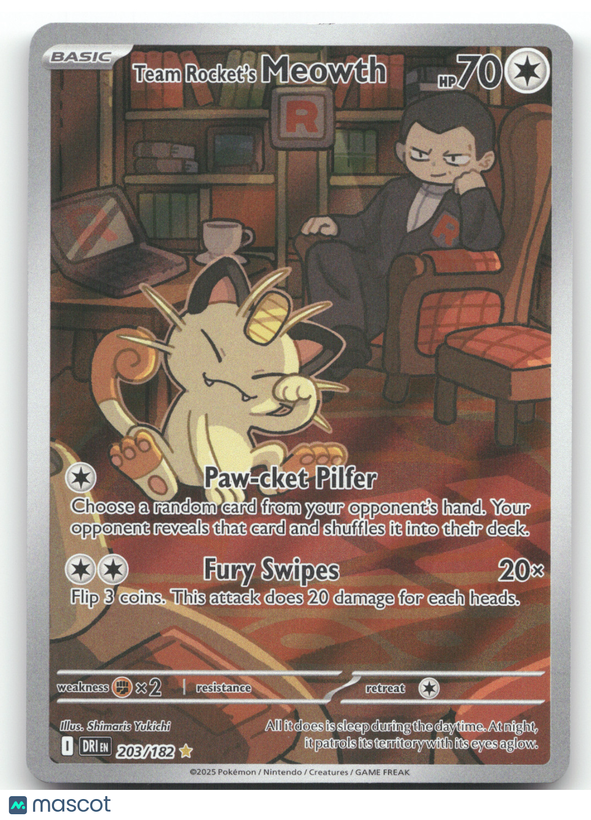 2025 Destined Rivals Team Rocket's Meowth Secret Rare #203/182