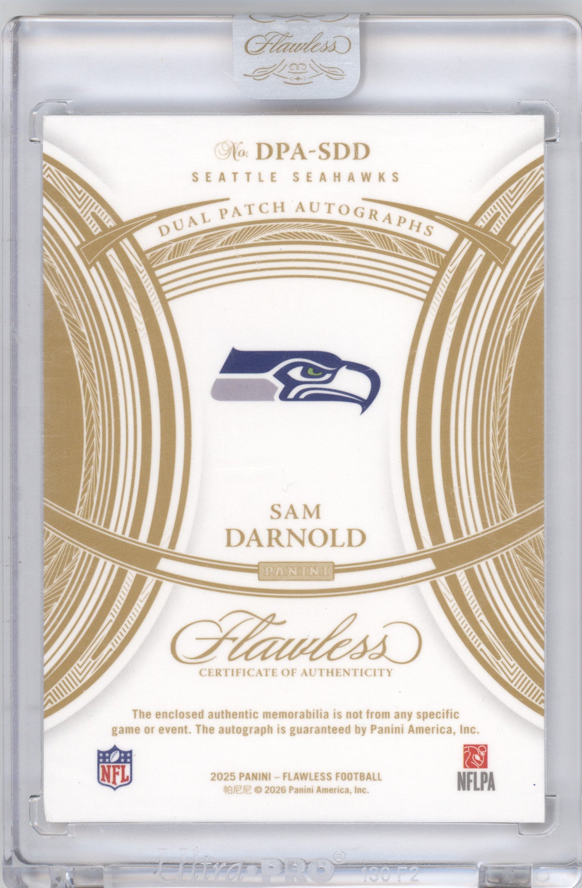 2025 Panini Flawless Dual Patch Autograph Sam Darnold #DPASDD Silver 17/20 Patch