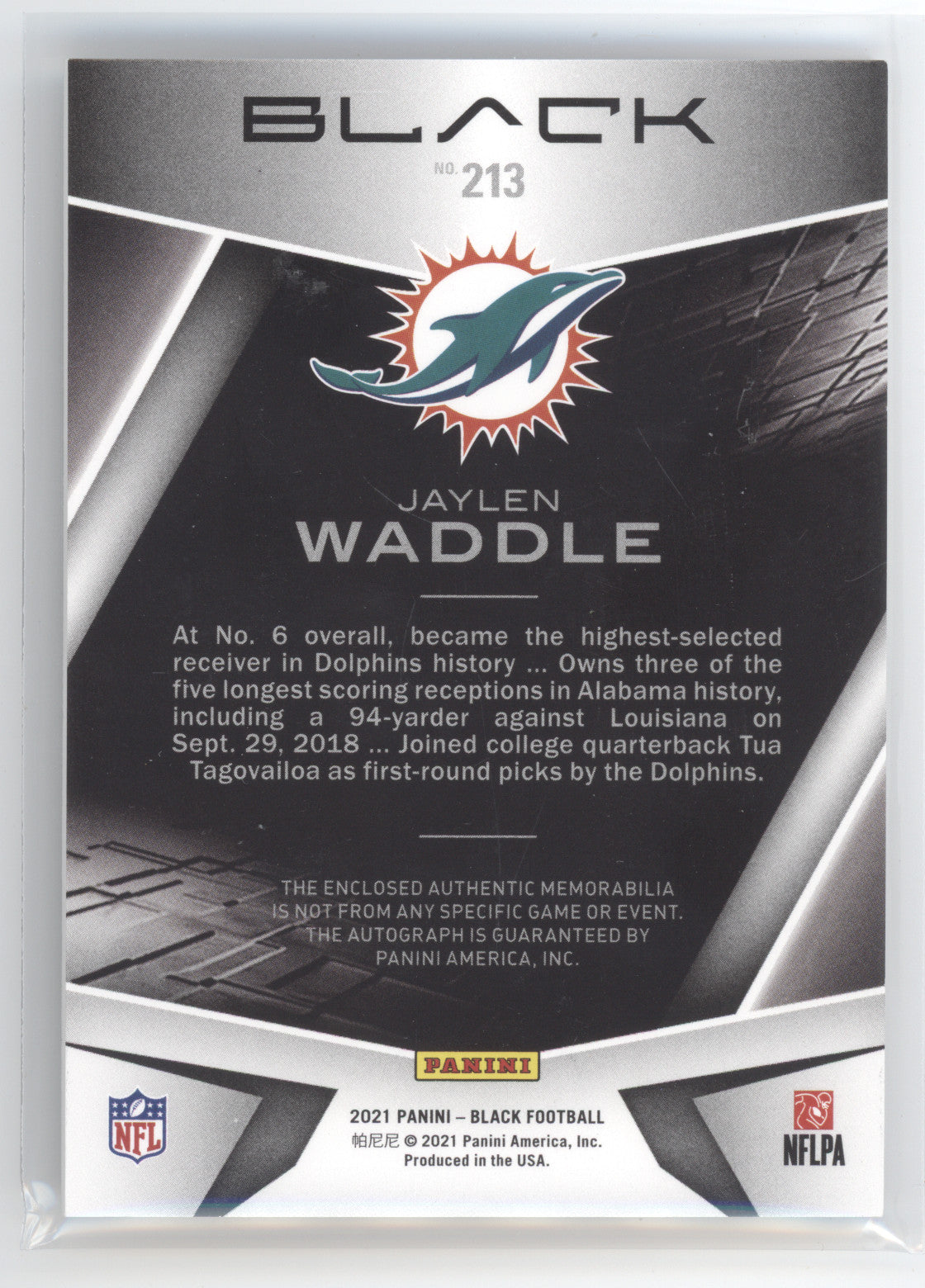2021 Panini Black Football Jaylen Waddle #213 Patch Autograph Silver RC 48/99