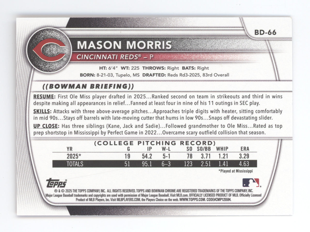 2025 Bowman Draft Mason Morris #BD-66 Red 1st Bowman 3/5