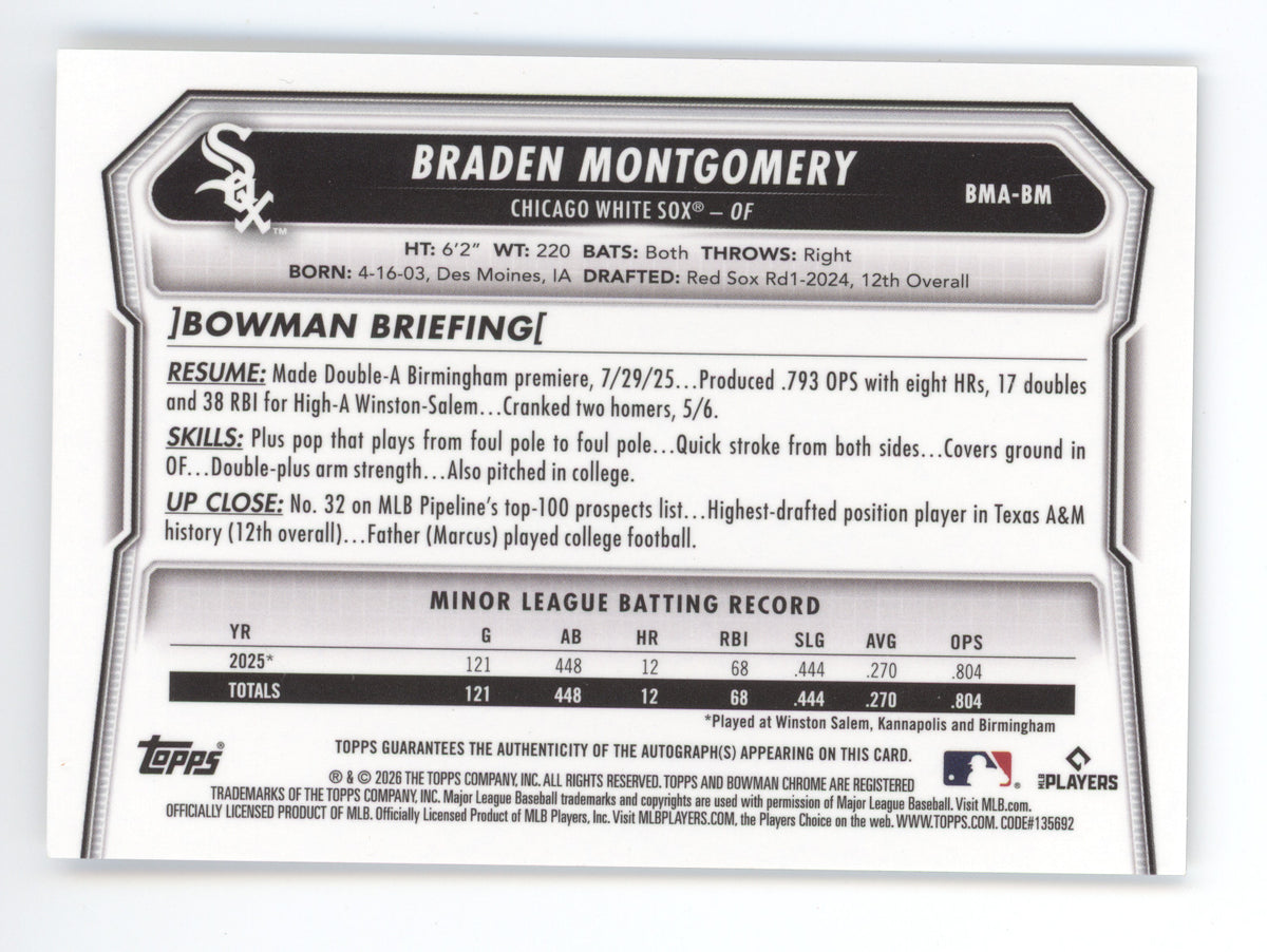2026 Bowman Chrome Prospect Auto Braden Montgomery #BM Black White Mojo 02/15