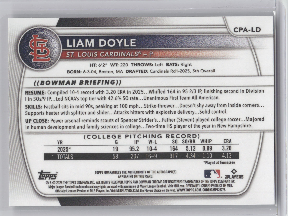2025 Bowman Chrome Prospect Autograph Liam Doyle #CPA-LD