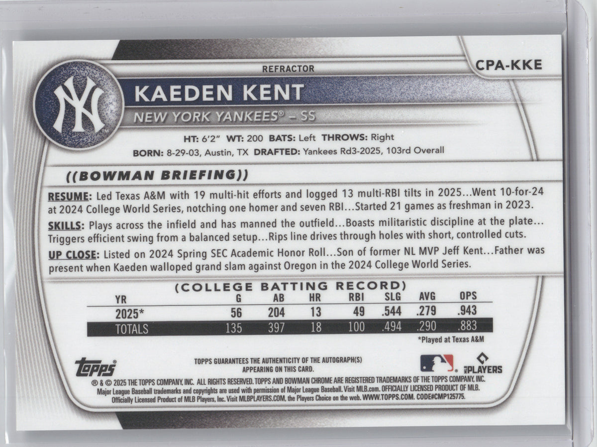 2025 Bowman Chrome Prospect Autograph Kaeden Kent #CPA-KKE Refractor 99/499