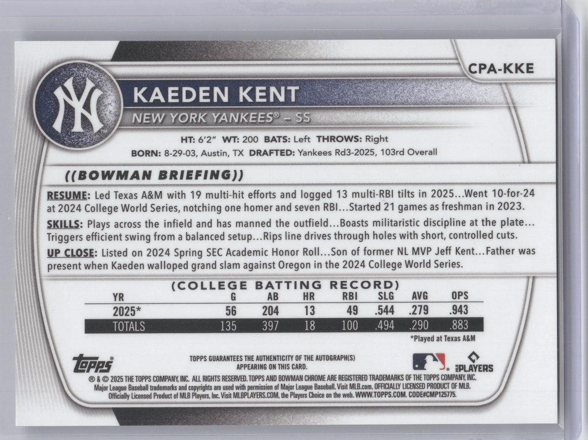 2025 Bowman Chrome Prospect Autograph Kaeden Kent #CPA-KKE