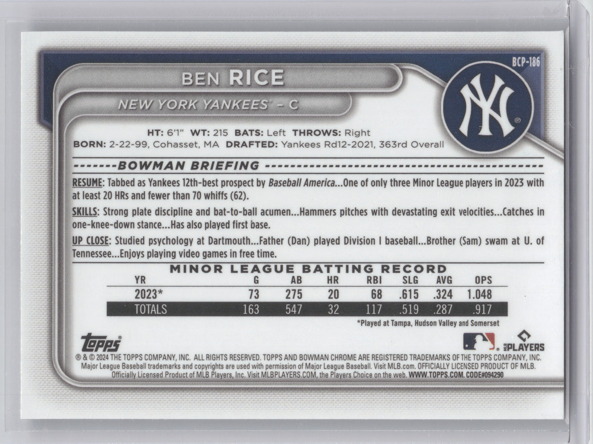 2024 Bowman Chrome Mega Box Prospects Ben Rice #BCP186 Mojo Refractor 1st Bowman