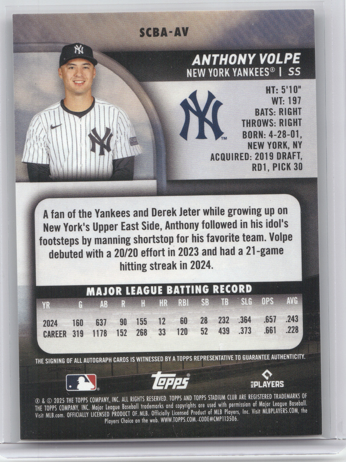 2025 Topps Stadium Club Autograph Anthony Volpe #SCBA-AV Gold