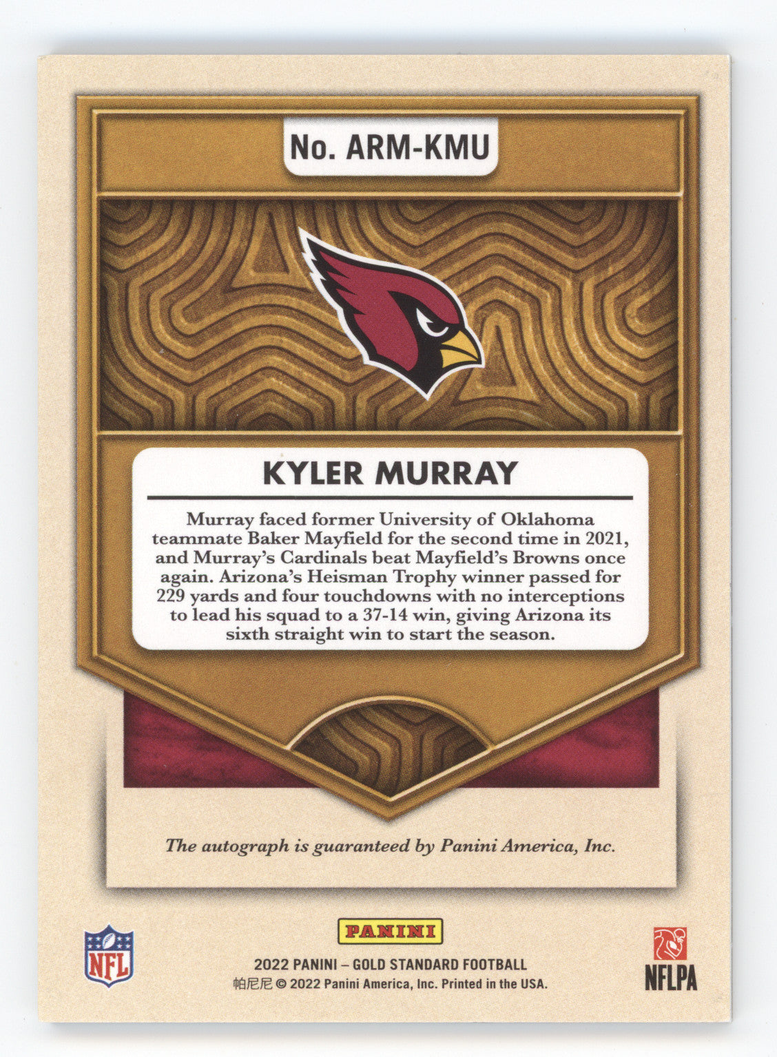 2022 Panini Gold Standard Kyler Murray #ARM-KMU Aurum Autograph 05/25