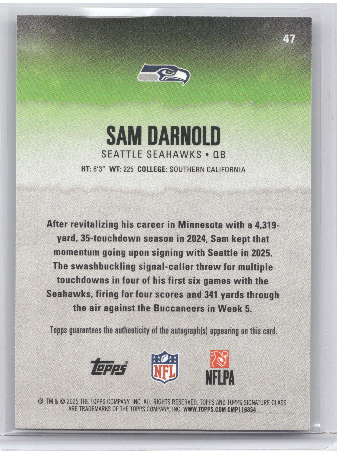 2025 Topps Signature Class Autograph Sam Darnold #47 Purple 021/100