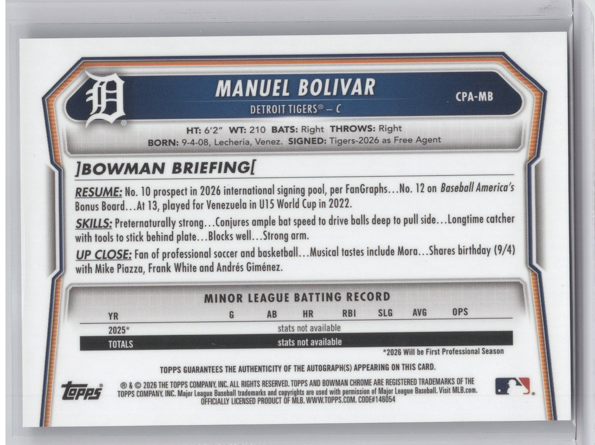 2026 Bowman Chrome Prospect Autograph Manuel Bolivar #CPA-MB Purple Mojo 004/199