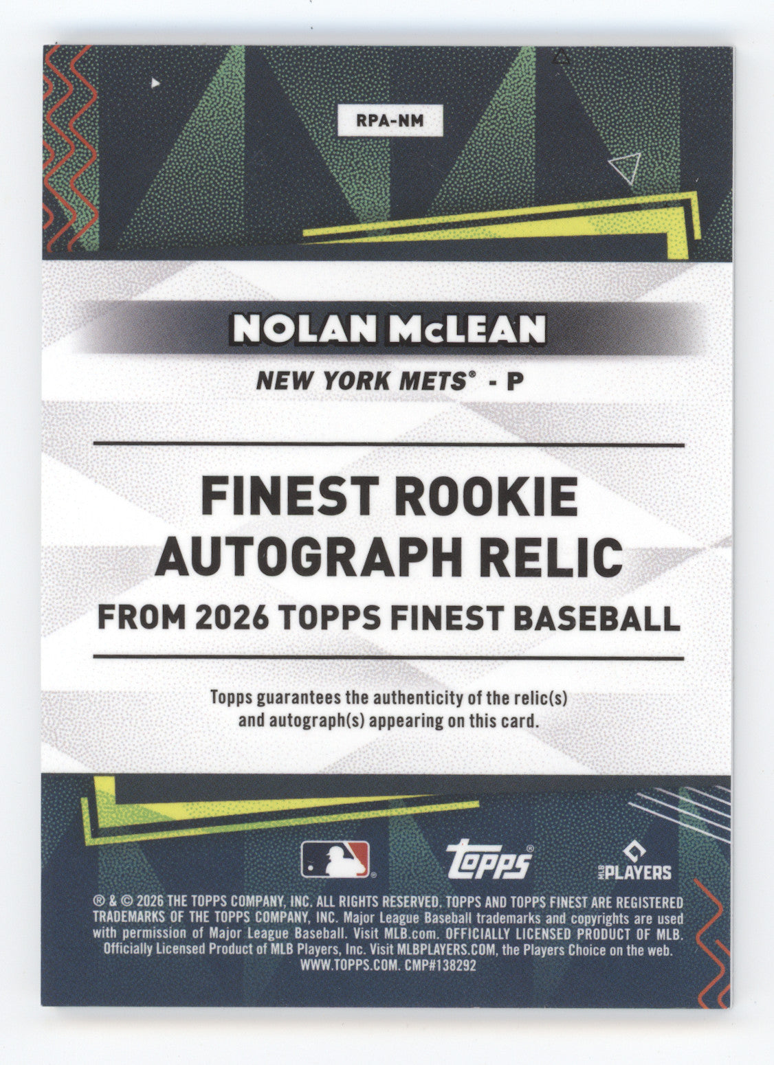 2026 Topps Finest Rookie Autograph Relic Nolan McLean #RPA-NM RC Memorabilia