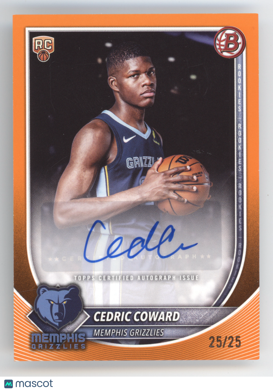 2025 Bowman Basketball Cedric Coward #RVA-CC Autograph Orange 25/25 RC