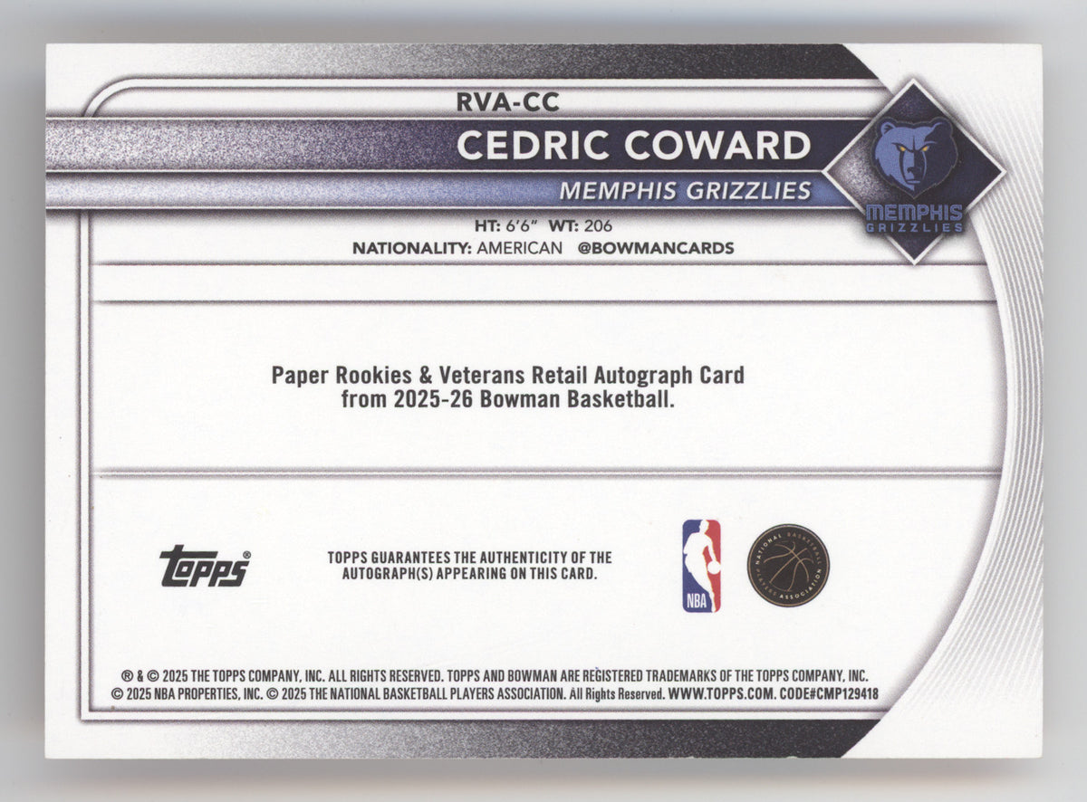 2025 Bowman Basketball Cedric Coward #RVA-CC Autograph Orange 25/25 RC