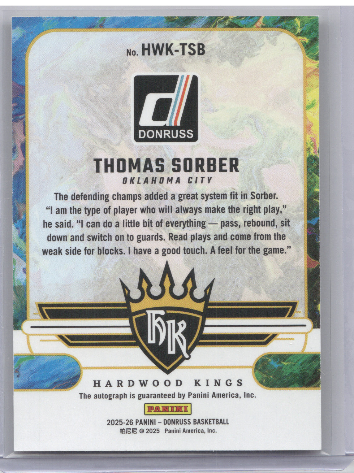 2025 Donruss Hardwood Kings Thomas Sorber #HWK-TSB Autograph Gold 03/10