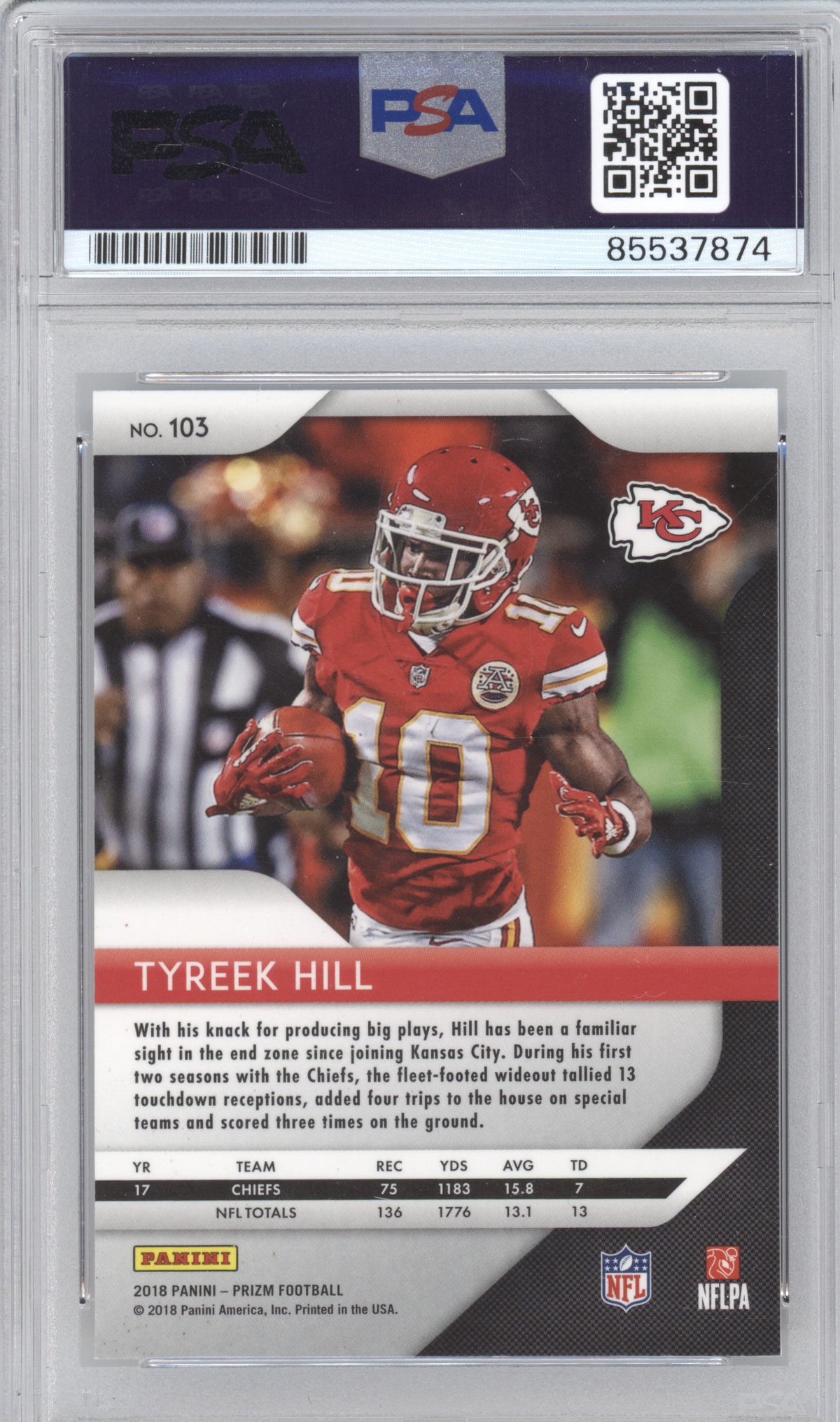 2018 Panini Prizm Football Tyreek Hill #103 PSA Authentic Auto 10
