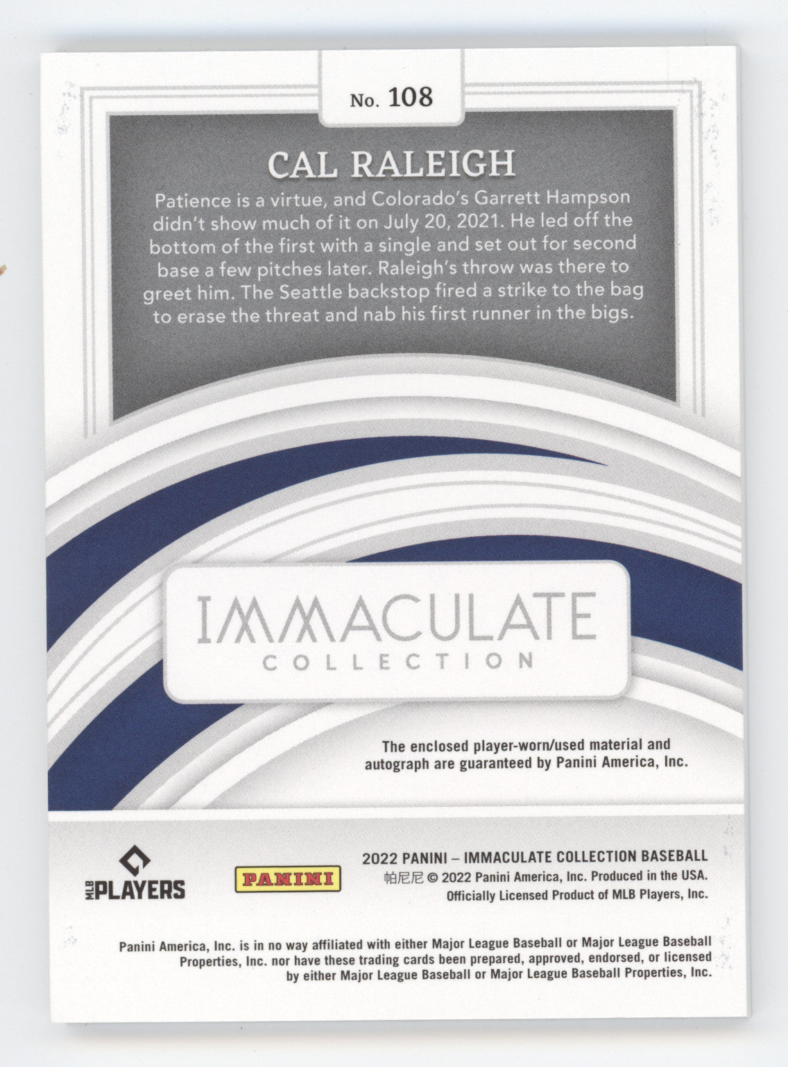 2022 Panini Immaculate Collection Cal Raleigh #108 Patch Autograph RC 94/99