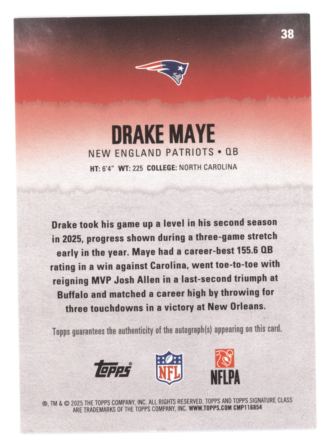 2025 Topps Signature Class Drake Maye #38 Silver Autograph 075/275