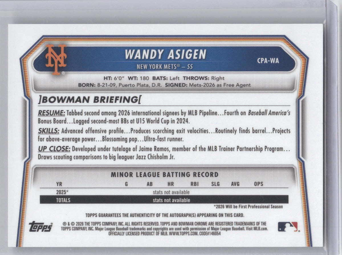 2026 Bowman Chrome Prospect Autograph Wandy Asigen #CPA-WA