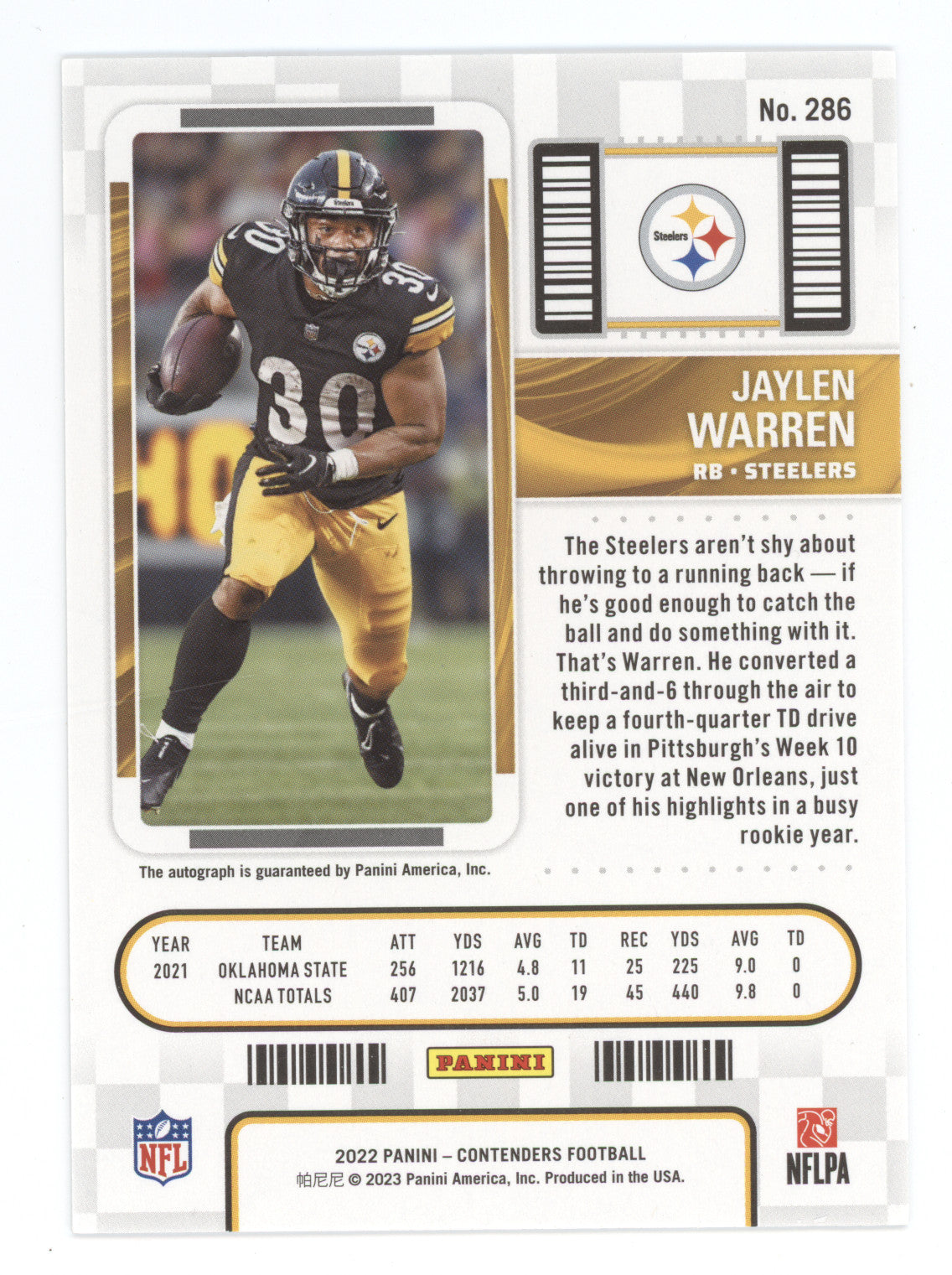 2022 Panini Contenders Jaylen Warren #286 Rookie Ticket Autograph RC