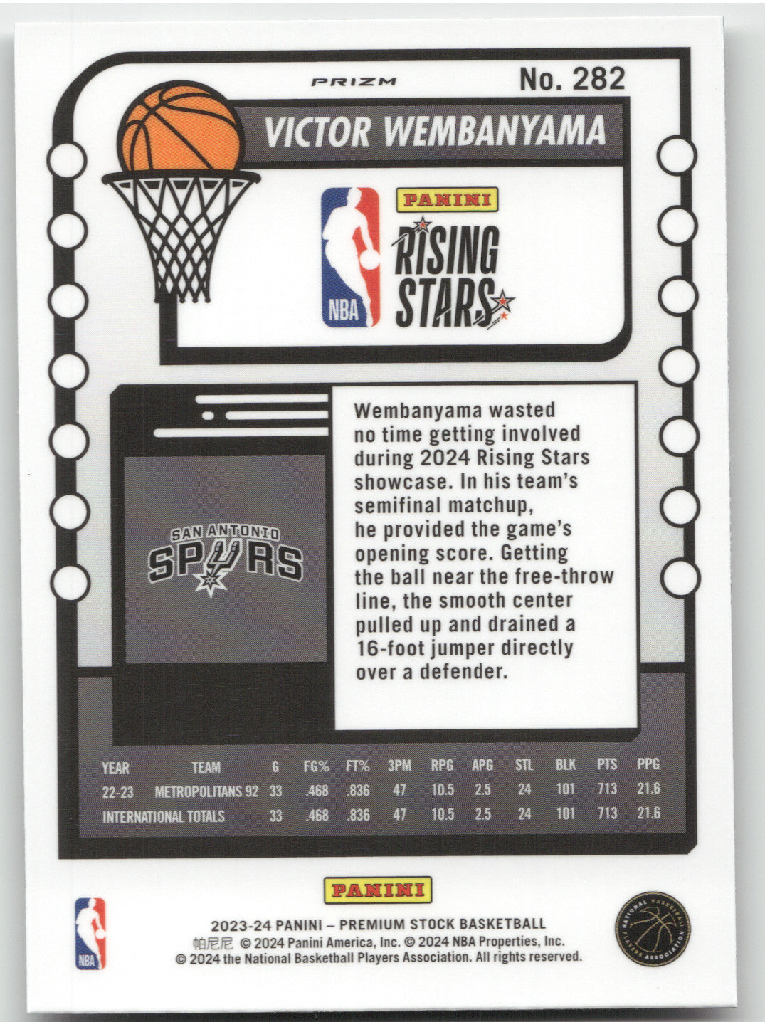 2023 Panini NBA Hoops Premium Stock Victor Wembanyama #282 Ice RC
