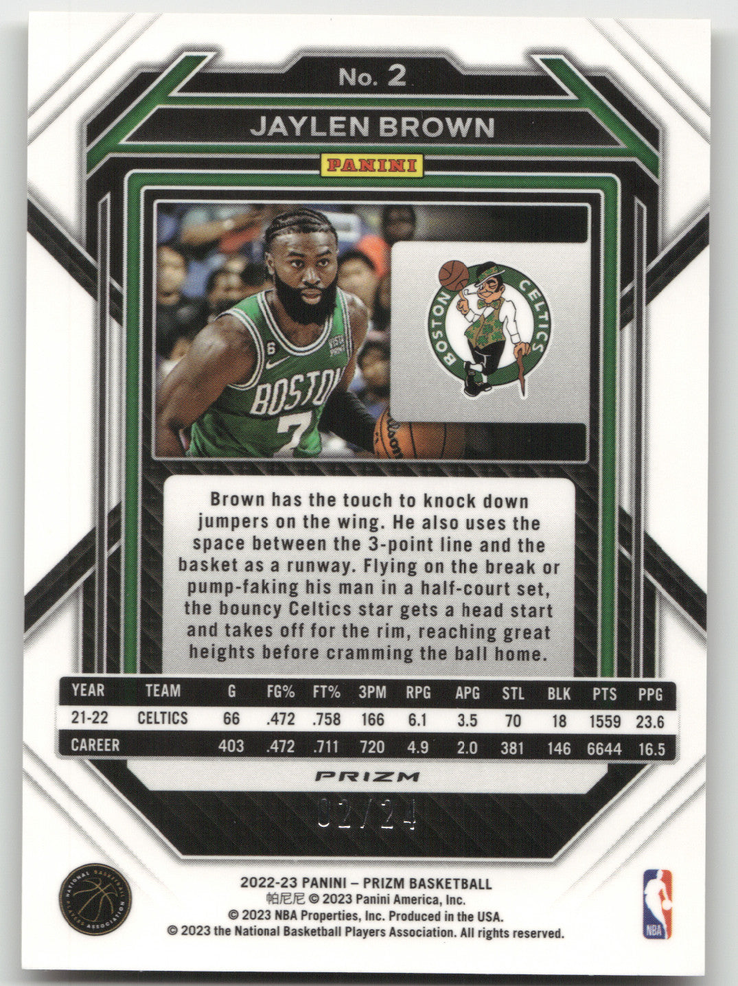 2022 Panini Prizm Jaylen Brown #2 Gold Sparkle 02/24