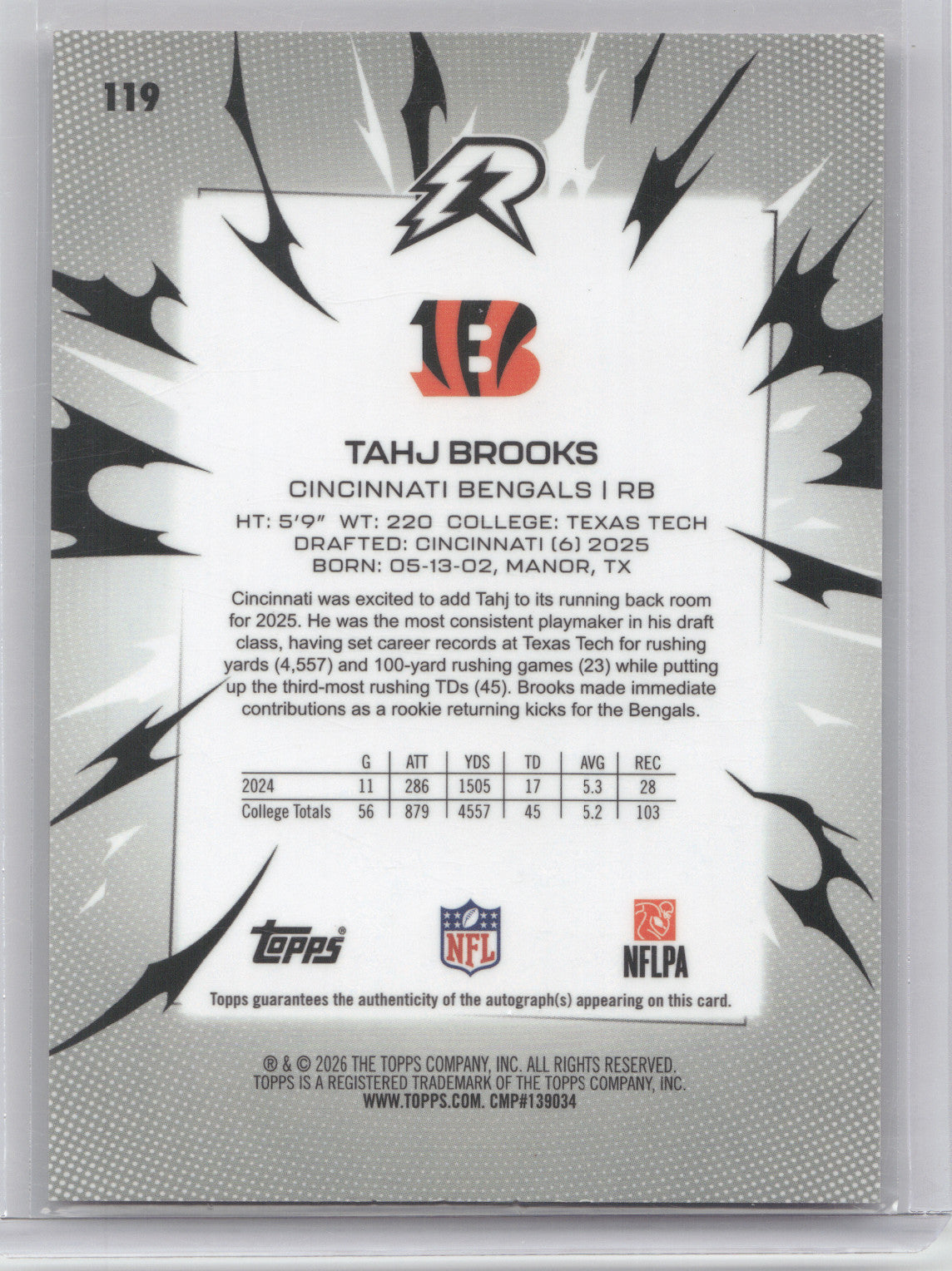 2025 Topps Resurgence Tahj Brooks #119 Pink Static Signature RC 10/10