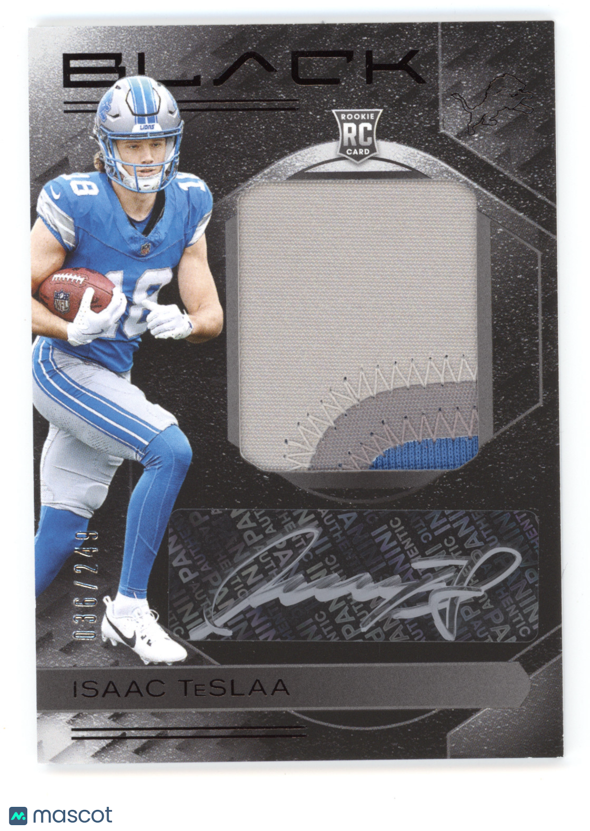 2025 Panini Black Football Isaac TeSlaa #RKPA-ITA Rookie Patch Autograph 036/249