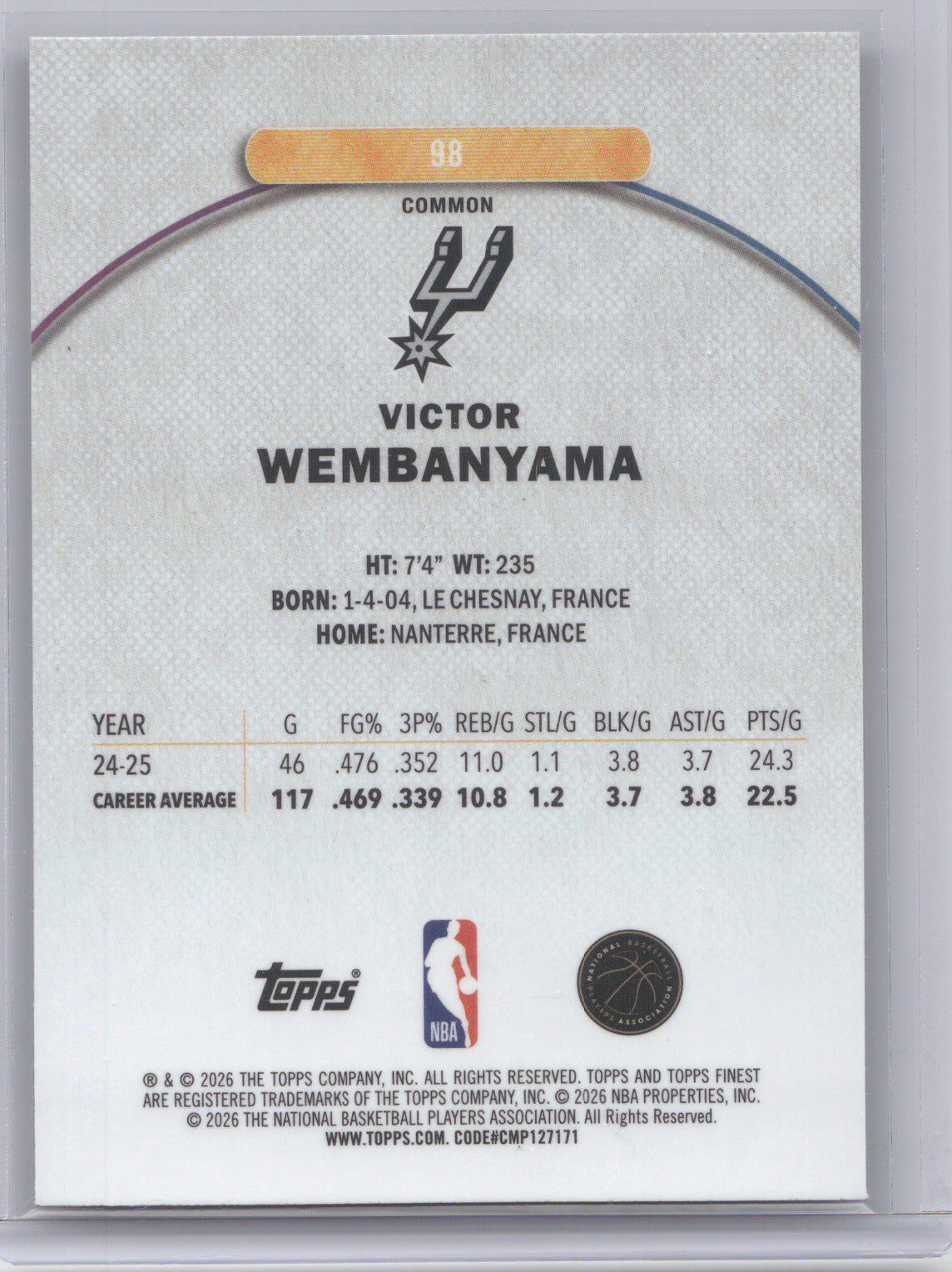 2025 Topps Finest Victor Wembanyama #98 Oil Spill Refractor