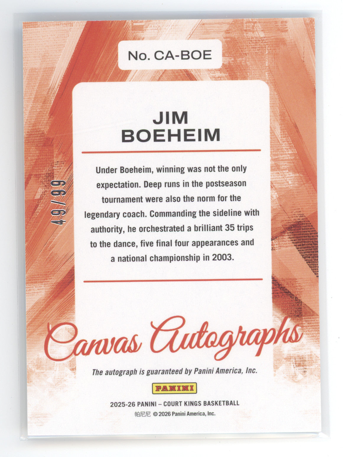 2025 Panini Court Kings Canvas Autographs Jim Boeheim #CA-BOE 49/99